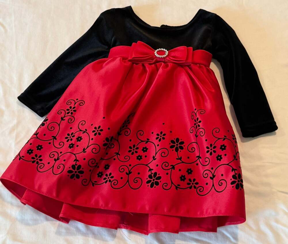Christmas 12M girls dress Youngland Black velvet top red satin skirt floral